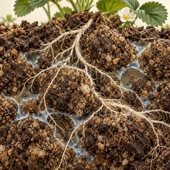 Detalle de agregados del suelo con películas de agua y raíces finas entre ellos