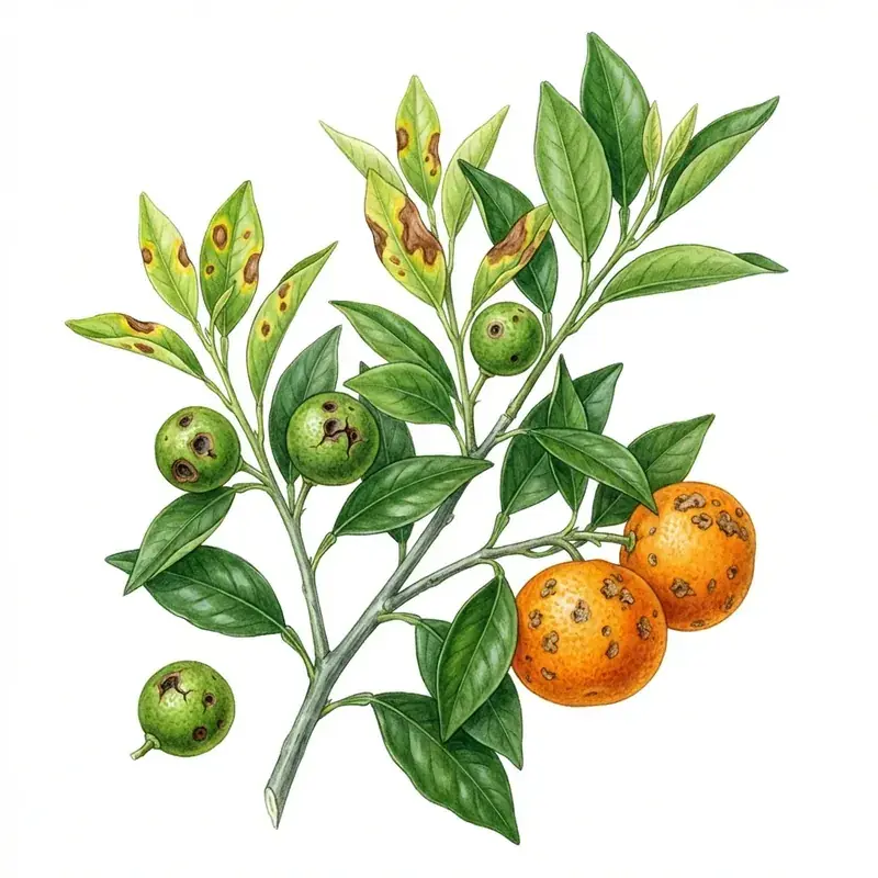 Mancha marrón de las mandarinas en cítricos: hojas jóvenes con manchas pardas de halo amarillo y frutos con manchas oscuras.