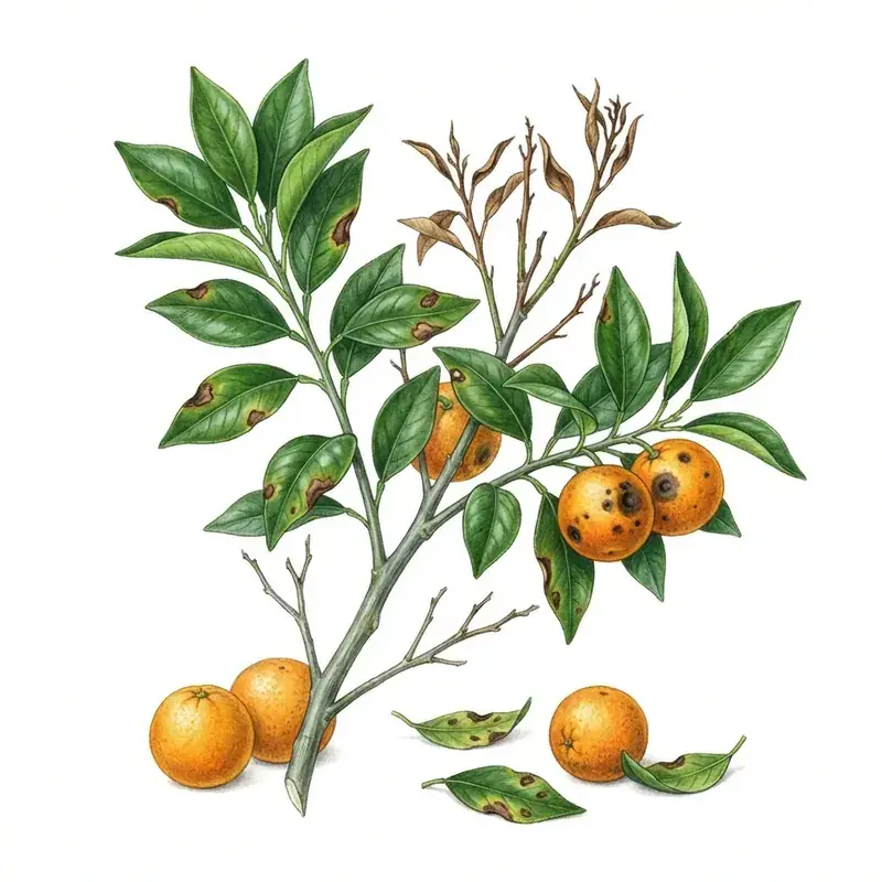 Antracnosis en cítricos: ramas con hojas manchadas, ramillas secas y frutos con manchas pardas.
