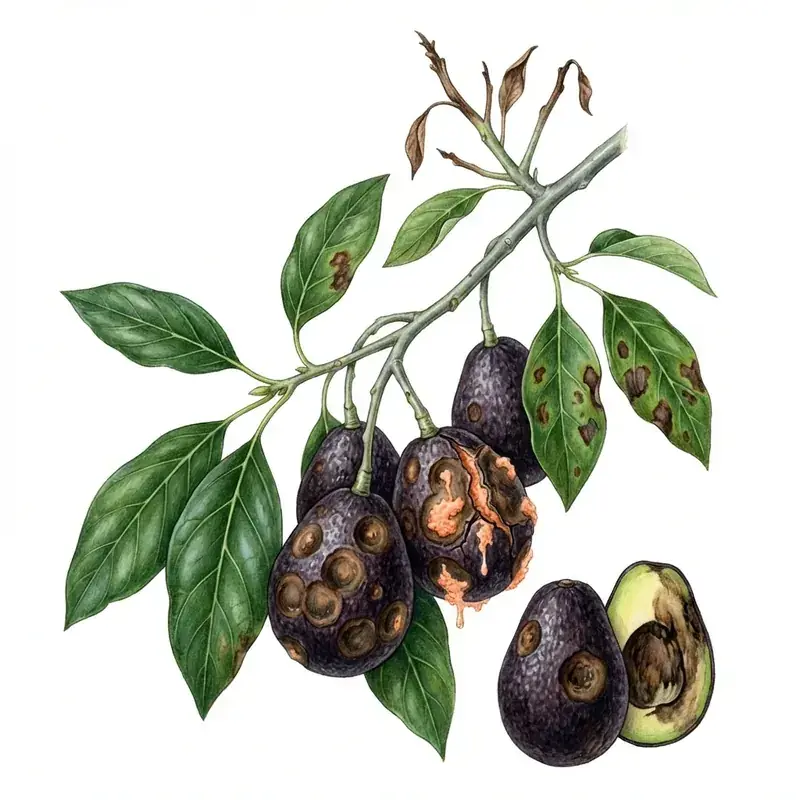 Antracnosis en aguacate: aguacates oscuros con manchas negras hundidas y masas de esporas.