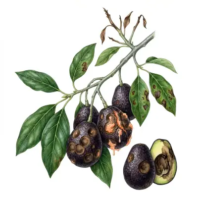 Antracnosis en aguacate: aguacates oscuros con manchas negras hundidas y masas de esporas.