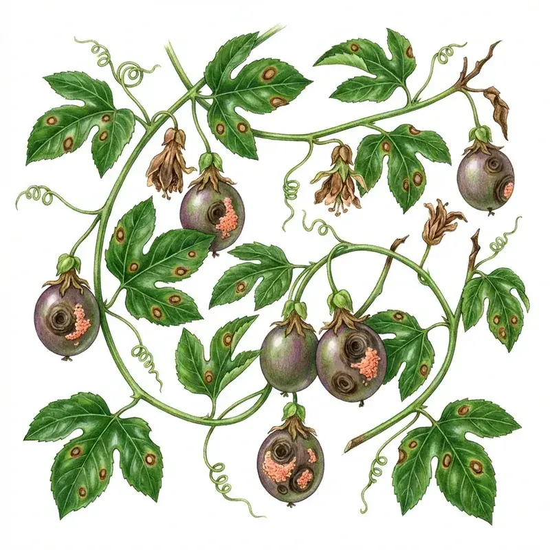 Antracnosis en maracuyá: frutos con manchas hundidas y masas de esporas anaranjadas.