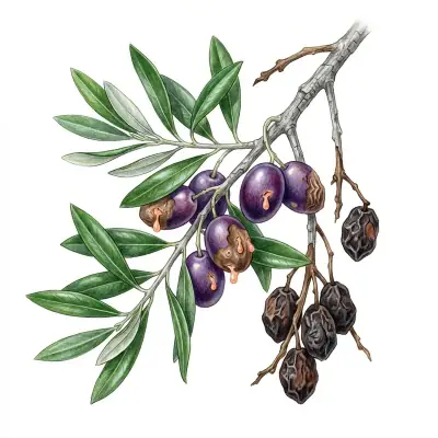 Antracnosis o aceituna jabonosa en olivo: aceitunas podridas con masas de esporas anaranjadas y otras momificadas.