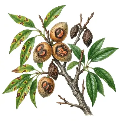 Antracnosis en almendro: almendras verdes con manchas hundidas anaranjadas.