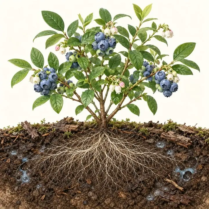 Planta de arándano con su raíz fibrosa en sustrato