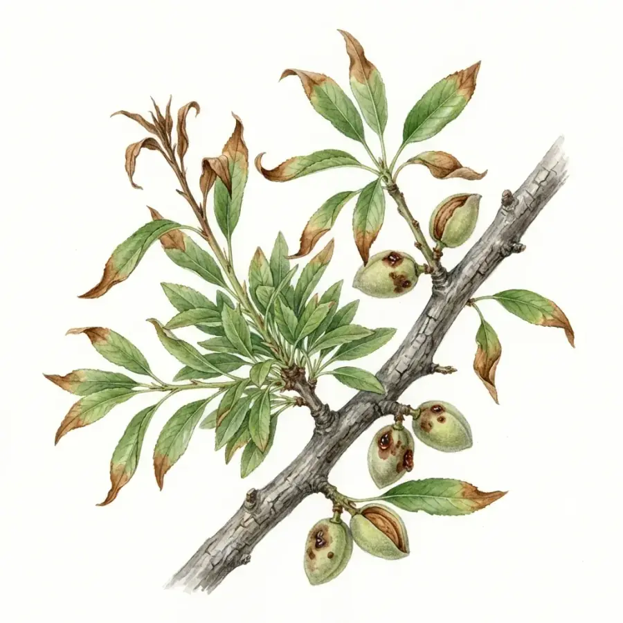 Almendro con carencia de boro: brotes y hojas jóvenes deformados, con las puntas secas.