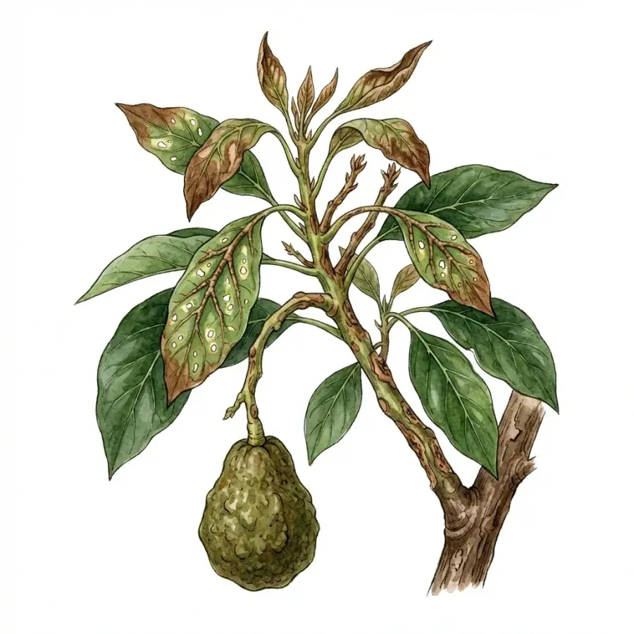 Aguacate con carencia de boro: brotes y hojas jóvenes deformados, con las puntas secas.