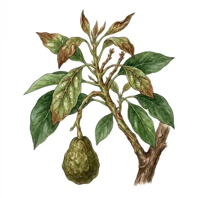 Aguacate con carencia de boro: brotes y hojas jóvenes deformados, con las puntas secas.