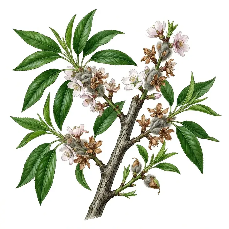 Podredumbre gris en almendro: flores con moho gris.