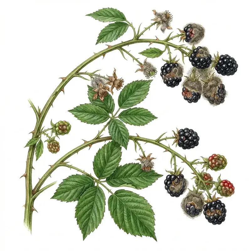 Podredumbre gris en mora: moras cubiertas de moho gris.