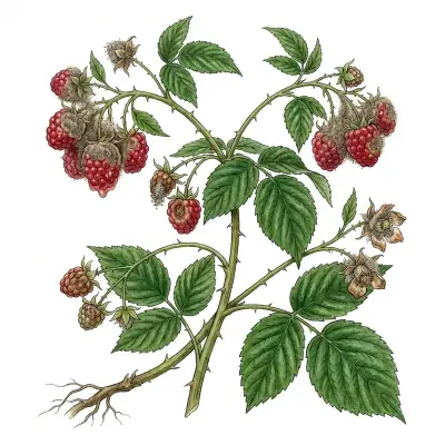 Podredumbre gris en frambuesa: frutos cubiertos de moho gris.