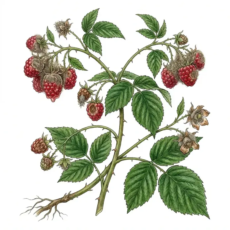 Podredumbre gris en frambuesa: frutos cubiertos de moho gris.