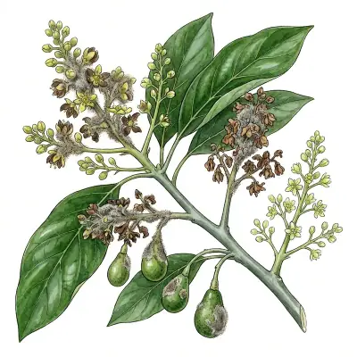 Podredumbre gris en aguacate: flores y frutos recién cuajados con moho gris.