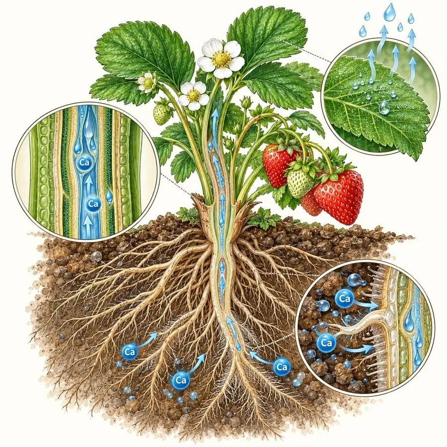 Planta de fresa con el calcio subiendo desde la raíz por el xilema hasta hojas y frutos, con detalle de los vasos