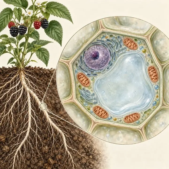 Planta de mora con sus raíces y, en detalle, una célula radicular con vacuola, núcleo y mitocondrias