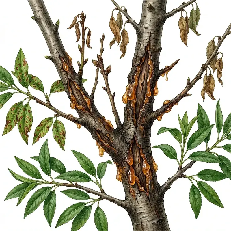 Chancro bacteriano en almendro: tronco y ramas con chancros y goma ámbar.