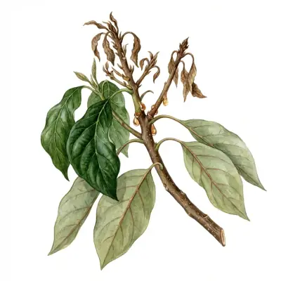 Aguacate con carencia de cobre: brotes jóvenes pálidos y marchitos, con las puntas secas.