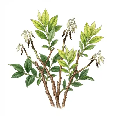 Arándano con carencia de cobre: brotes jóvenes pálidos y marchitos, con las puntas secas.