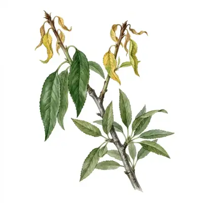 Almendro con carencia de cobre: brotes jóvenes pálidos y marchitos, con las puntas secas.