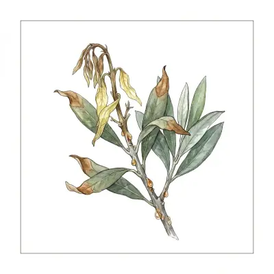 Olivo con carencia de cobre: brotes jóvenes pálidos y marchitos, con las puntas secas.