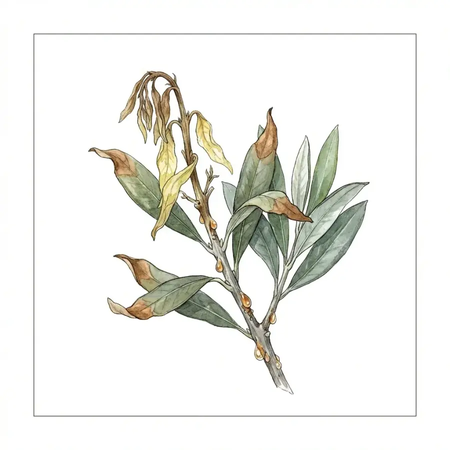 Olivo con carencia de cobre: brotes jóvenes pálidos y marchitos, con las puntas secas.