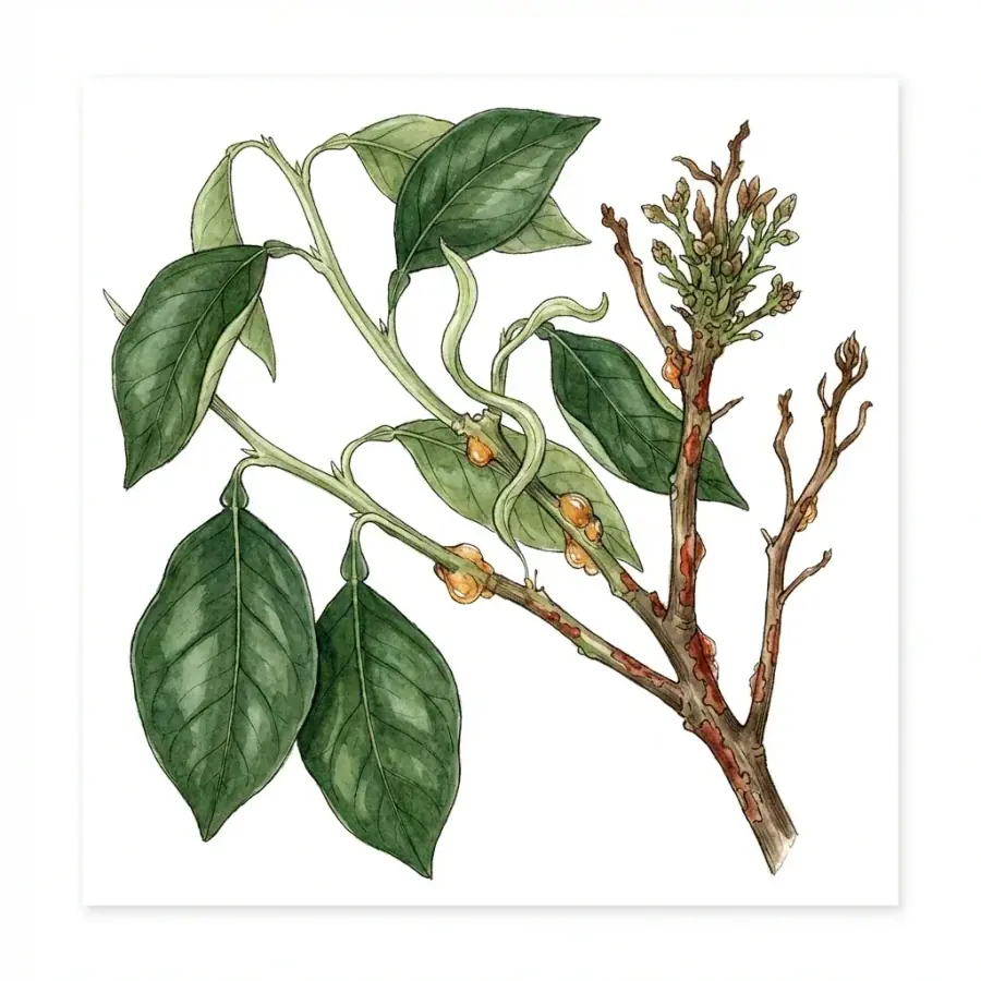 Cítricos con carencia de cobre: brotes jóvenes pálidos y marchitos, con las puntas secas.