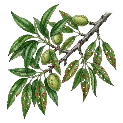 Cribado en almendro: hojas con agujeros redondos de borde rojizo.