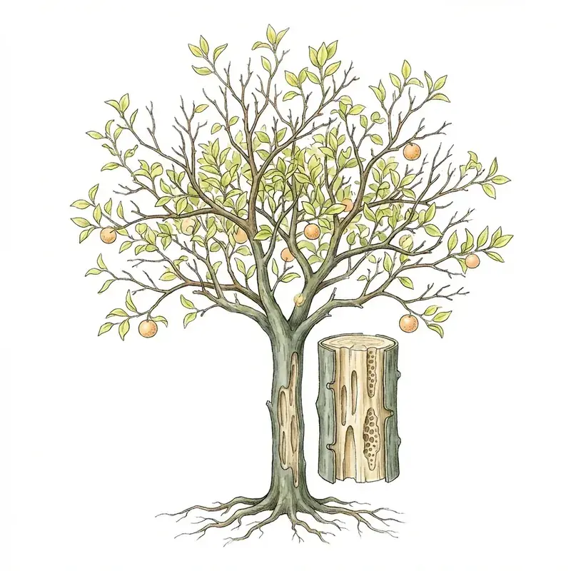 Tristeza en cítricos: árbol decaído de copa rala y un trozo de madera con acanaladuras.