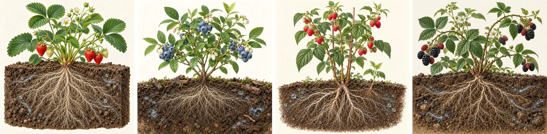 Plantas de fresa, arándano, frambuesa y mora con su sistema radicular.