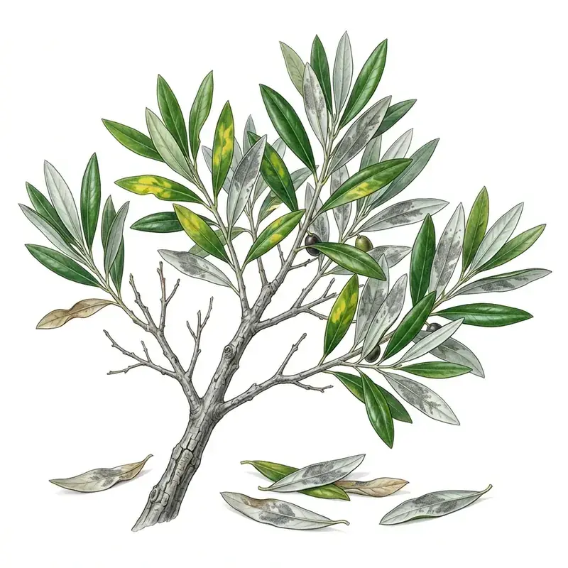 Emplomado en olivo: hojas con zonas de color gris plomo y amarillas, y hojas caídas.