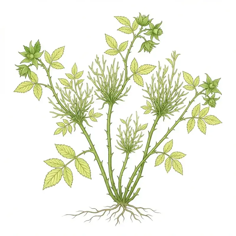 Enanismo del Rubus en frambuesa: planta con una masa de brotes finos y cortos.