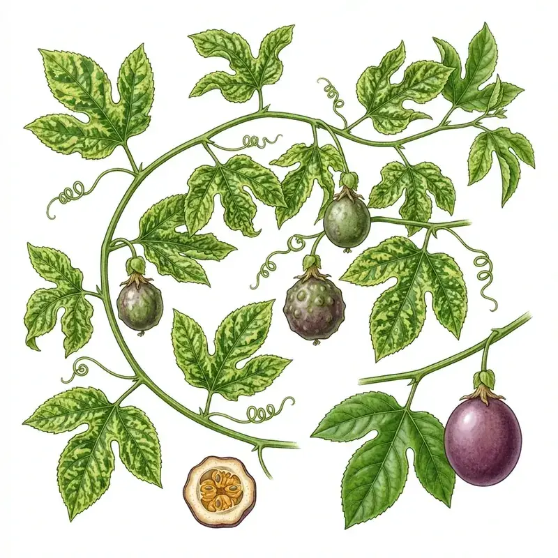 Endurecimiento del fruto en maracuyá: hojas con mosaico y frutos deformes de corteza gruesa.