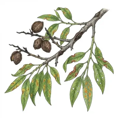 Lámina de conjunto con síntomas de varias enfermedades del almendro.