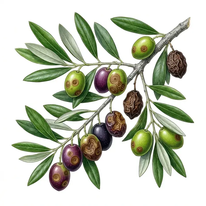 Escudete en olivo: aceitunas con manchas redondas pardas y hundidas.