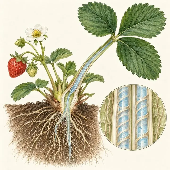 Planta de fresa con el flujo xilemático marcado desde la raíz hasta la hoja y detalle de los vasos
