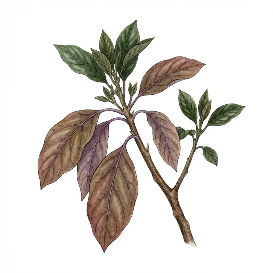 Aguacate con carencia de fósforo: hojas de verde oscuro apagado con tonos rojizos o violáceos.