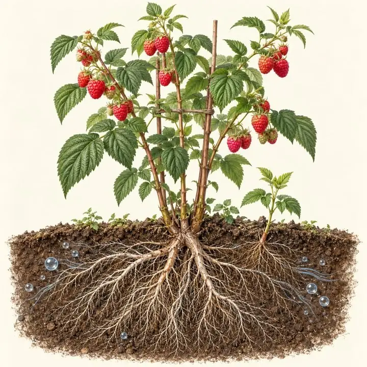 Planta de frambuesa con sus rebrotes y raíces