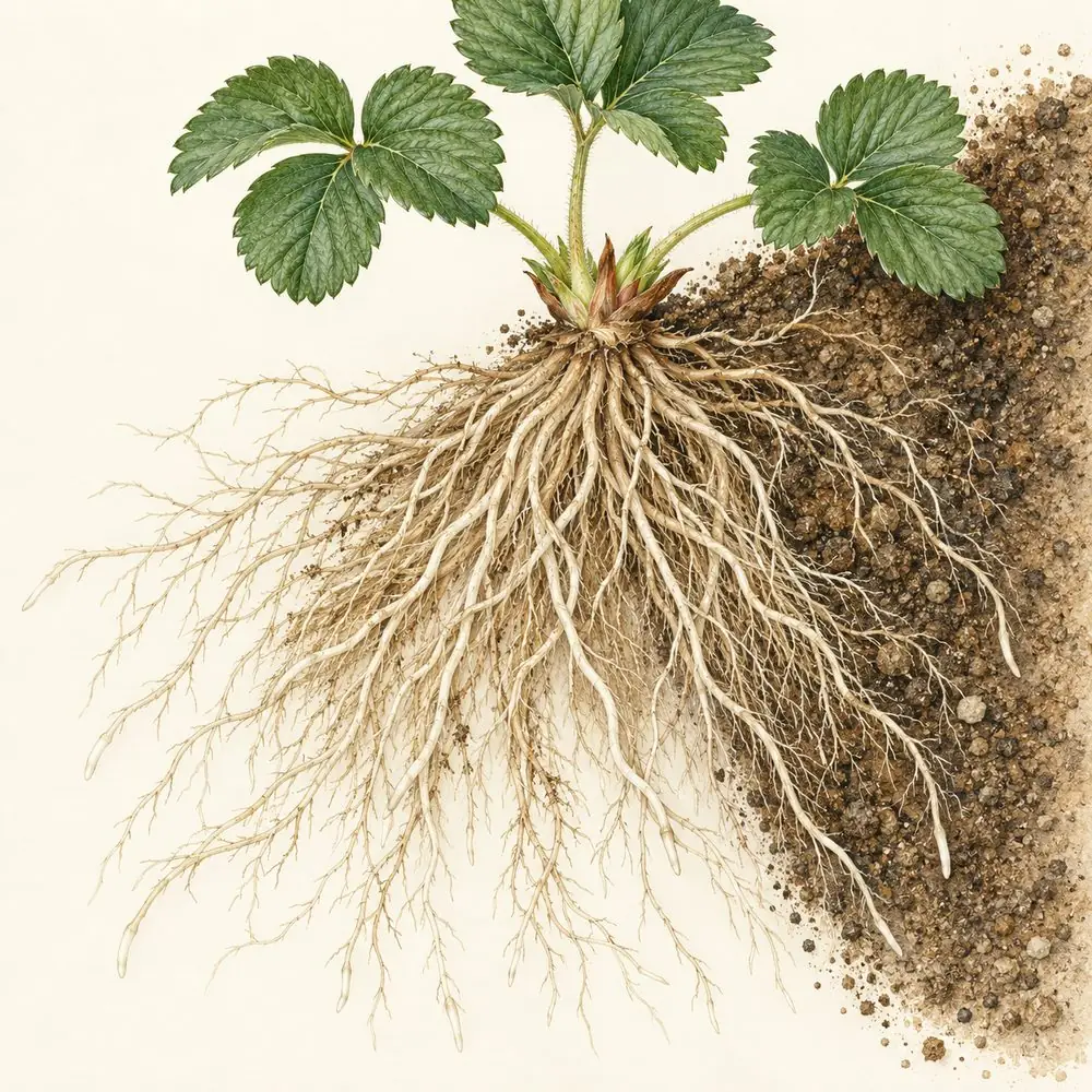Planta joven de fresa con un sistema radicular denso y blanco.