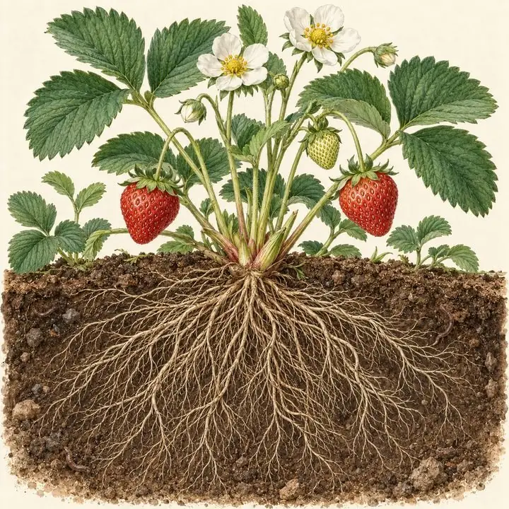 Planta de fresa en flor y con fruto, con un sistema radicular denso y sano en el perfil del suelo