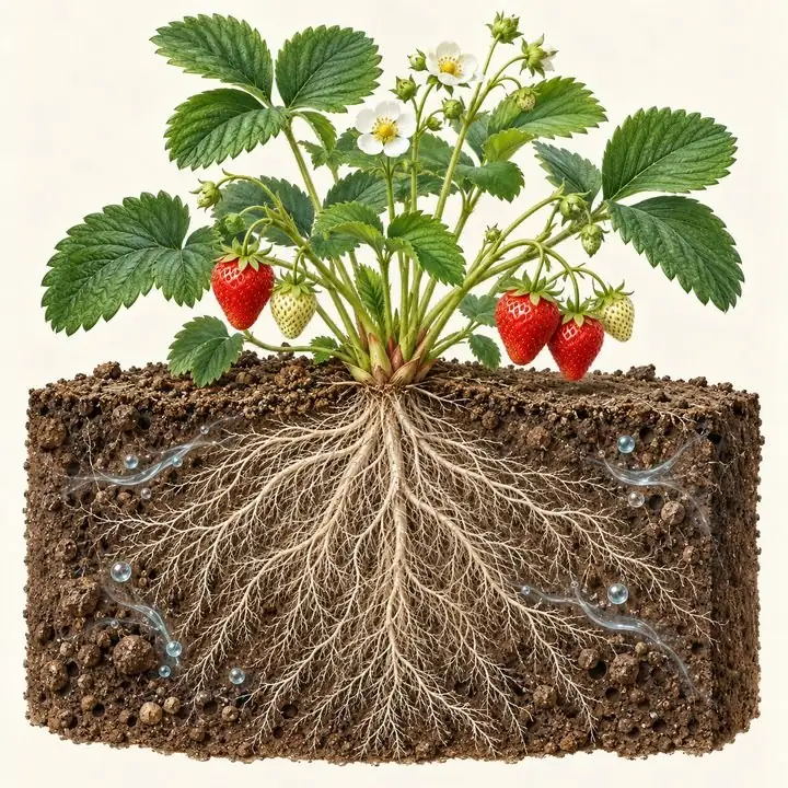 Planta de fresa con su sistema radicular en el lomo