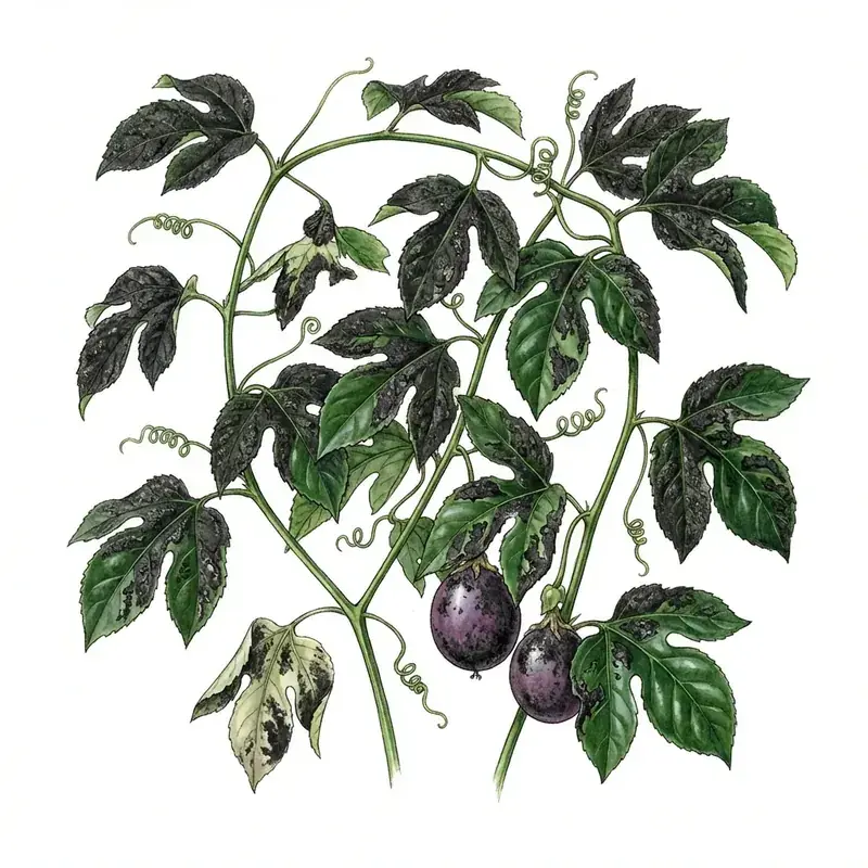 Negrilla en maracuyá: hojas y frutos cubiertos de una capa negra como hollín.
