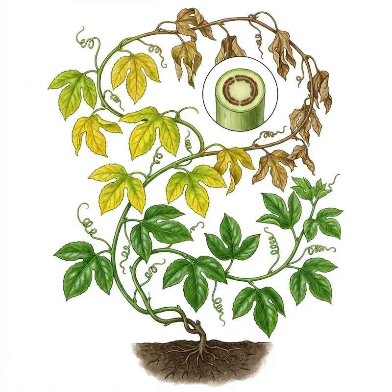 Marchitez por fusarium en maracuyá: planta marchita con hojas amarillas y secas, y un corte del tallo con los vasos pardos.