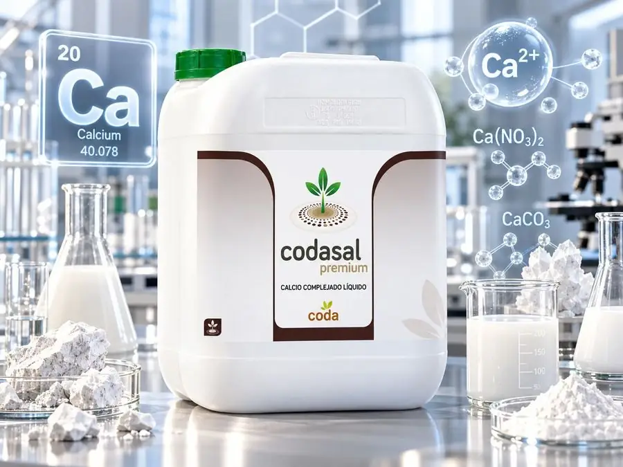 Garrafa de Codasal Premium en un laboratorio, junto a calcio, nitrato cálcico y carbonato cálcico