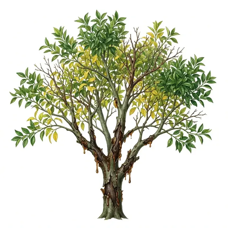 Gomosis en cítricos: árbol con exudados de goma en el tronco y la copa amarillenta.