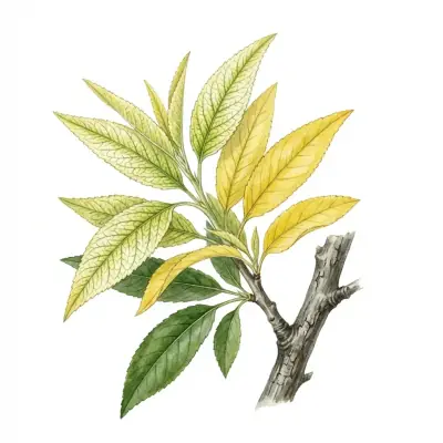 Almendro con carencia de hierro: hojas jóvenes amarillas con los nervios verdes.