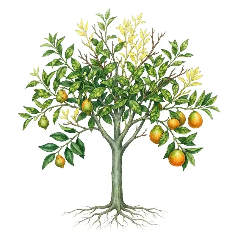 Huanglongbing (HLB) en cítricos: árbol con brotes amarillos, hojas moteadas y frutos pequeños y deformes.