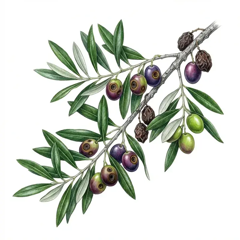 Lepra en olivo: aceitunas con manchas circulares oscuras.