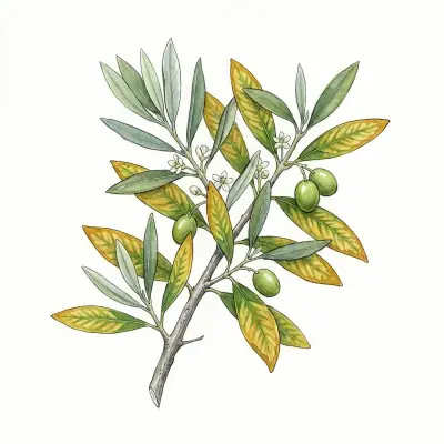 Olivo con carencia de magnesio: hojas viejas amarillas entre los nervios, que siguen verdes.