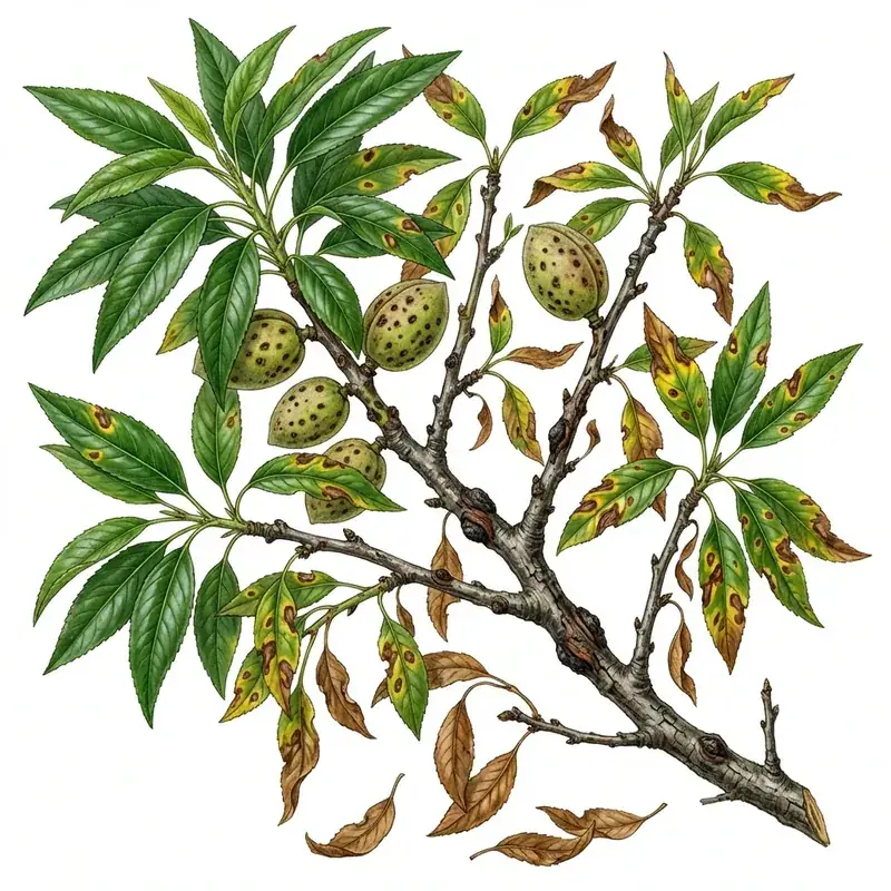 Mancha bacteriana en almendro: hojas con manchas pequeñas y almendras manchadas.