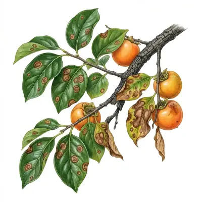 Mancha foliar en caqui: hojas con manchas circulares oscuras de borde marcado.